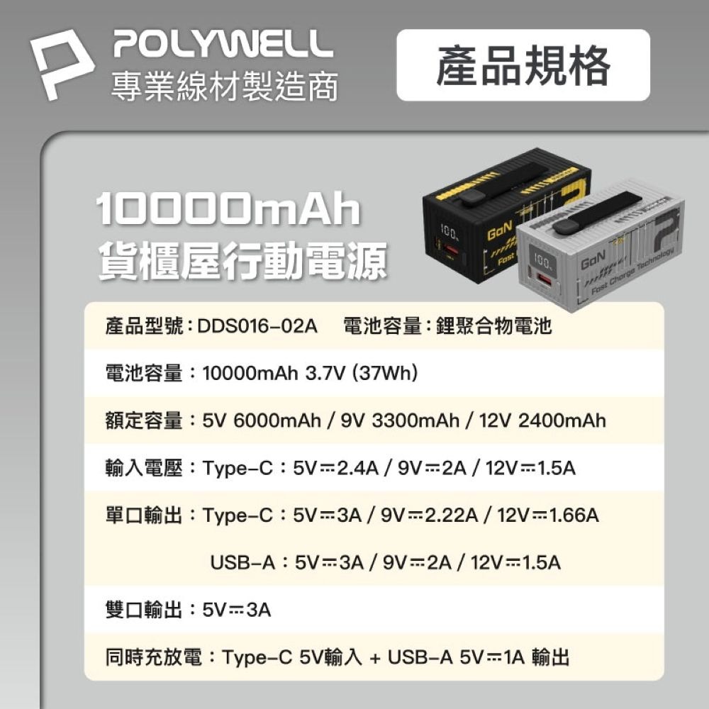 【會員優惠】POLYWELL🔥20W貨櫃屋行動電源｜10000mAh🔸LED照明燈📢譽的生活美食舖📌25/12-規格圖8