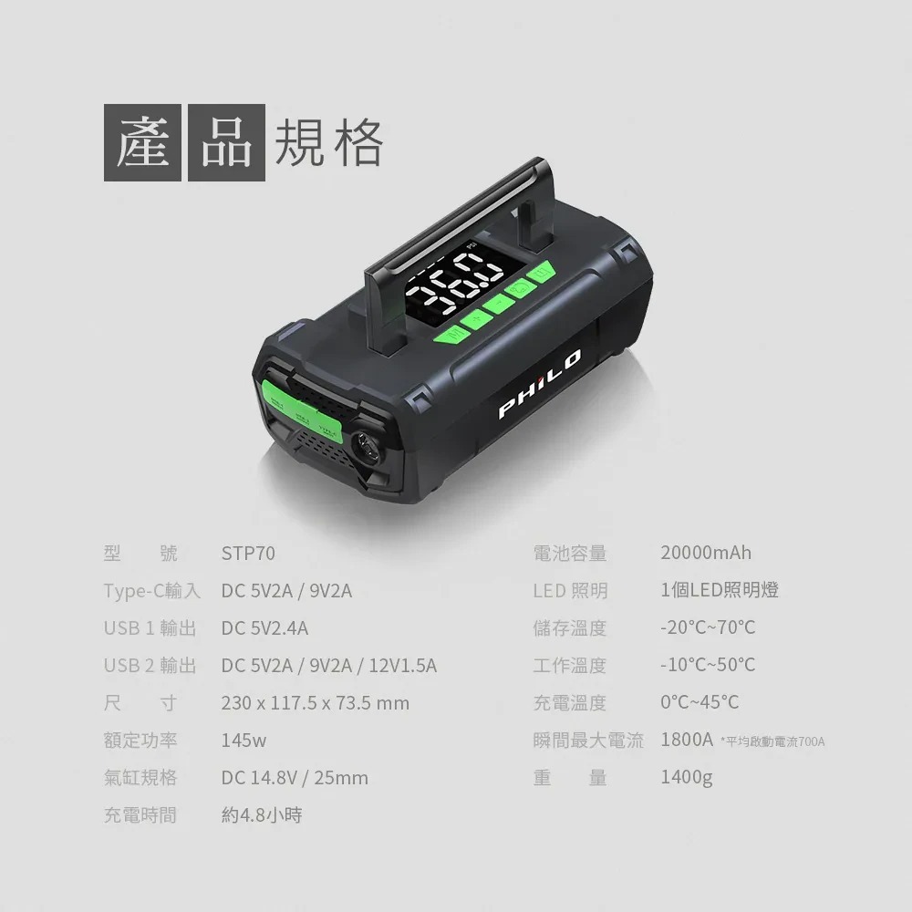 【會員優惠】PHILO 飛樂🔥行車救車王STP70ｘ救車打氣多功能機｜照明🔸充電📢譽的生活美食舖📌25/12-規格圖11