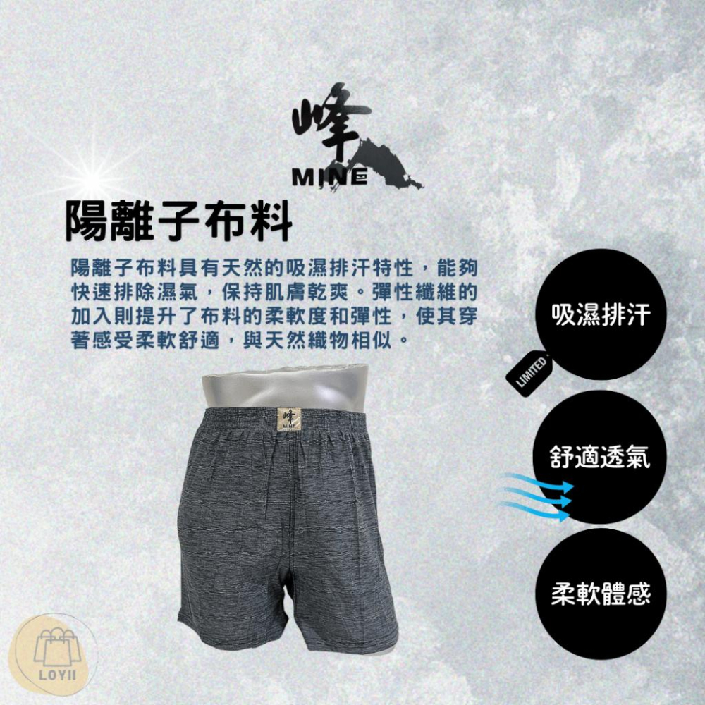 免運現貨秒出 峰男內褲 峰MINE陽離子透氣舒適大平口褲 四角褲｛樂藝 LOYII｝-細節圖2