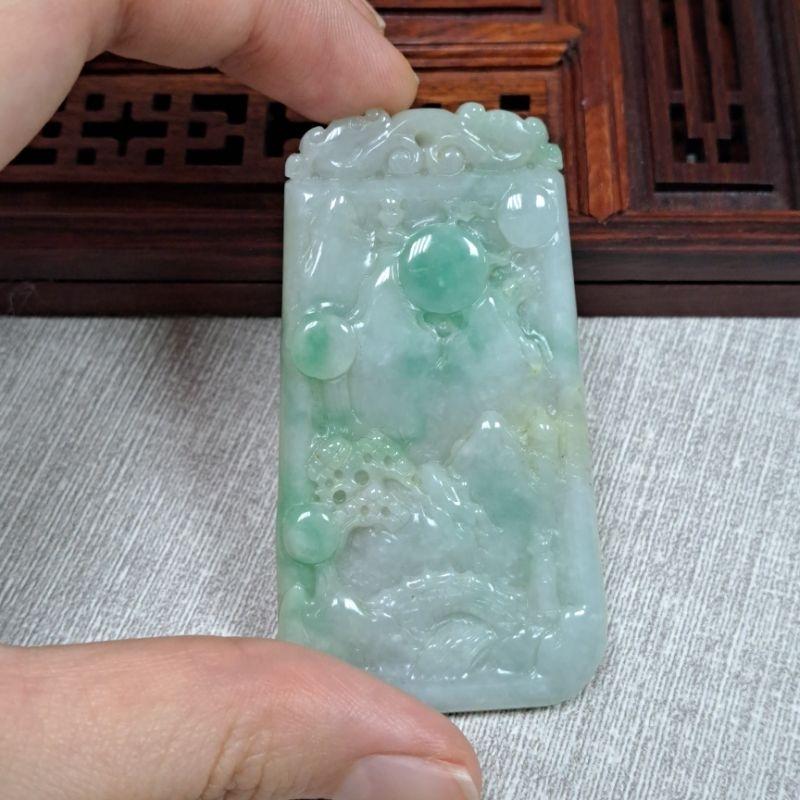 逸品軒～天然緬甸玉A貨-Z5140-飄花山水貴人墜子長62.7mm寬33.2mm厚6.2mm💰特價1180元•-細節圖3