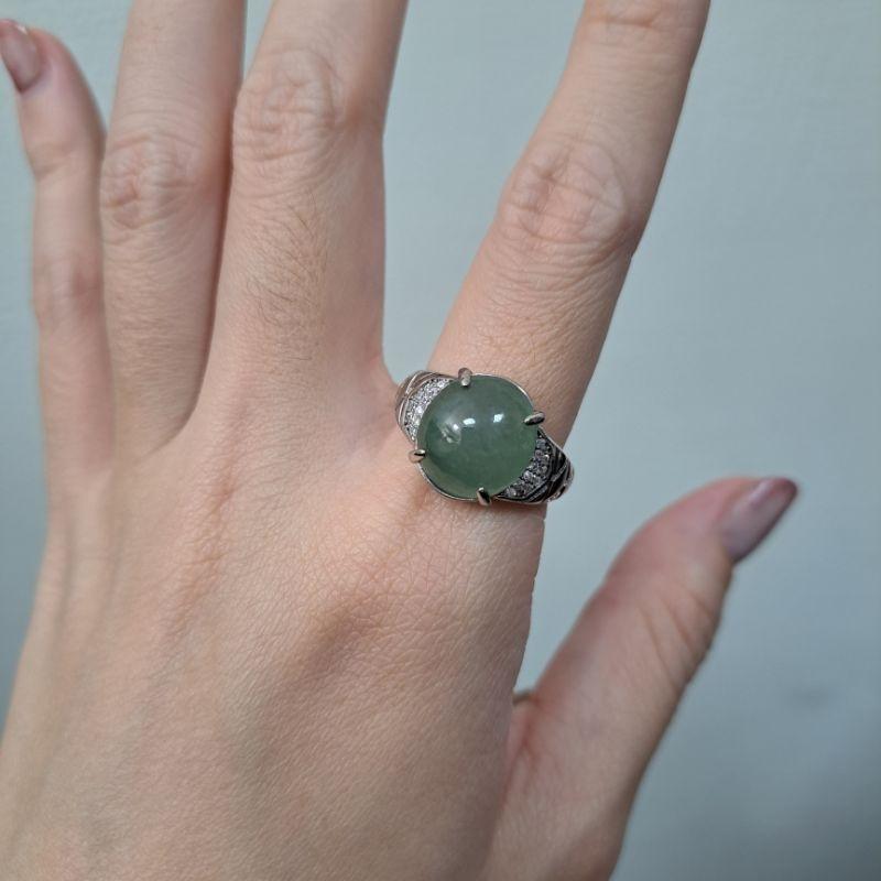 天然緬甸玉A貨-J0190-冰糯淡綠蛋面925銀戒指長12.8mm寬11.6mm厚5.7mm💰特價2380元•可調式戒圍-細節圖3