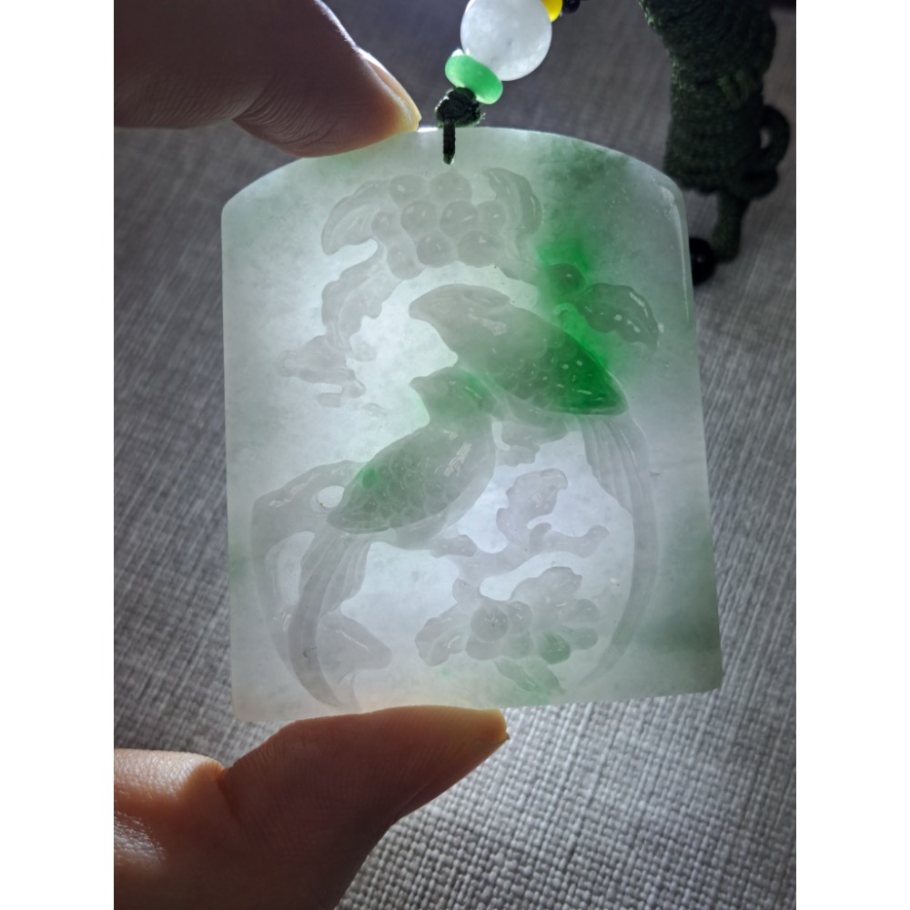 逸品軒～天然緬甸玉A貨-Z5920-春彩晴水喜上眉梢墜子 長54mm寬45.5mm厚4.6mm 💰特價1500元 •-細節圖5