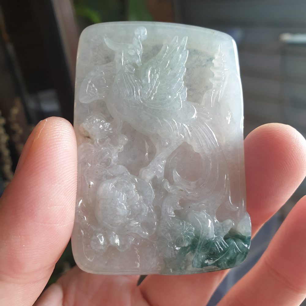 逸品軒~天然緬甸玉A貨-R1931-冰糯牡丹鳳凰墜子 長60.6mm寬43mm厚7mm 水頭好，顏色漂亮。-細節圖7