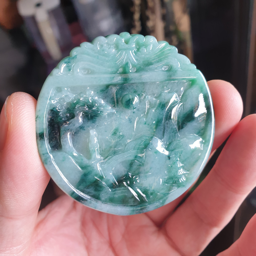 逸品軒~天然緬甸玉A貨-R1934-冰糯花青山水貴人墜子 長53.7mm寬54.4mm厚4.3mm 水頭好，顏色漂亮-細節圖2