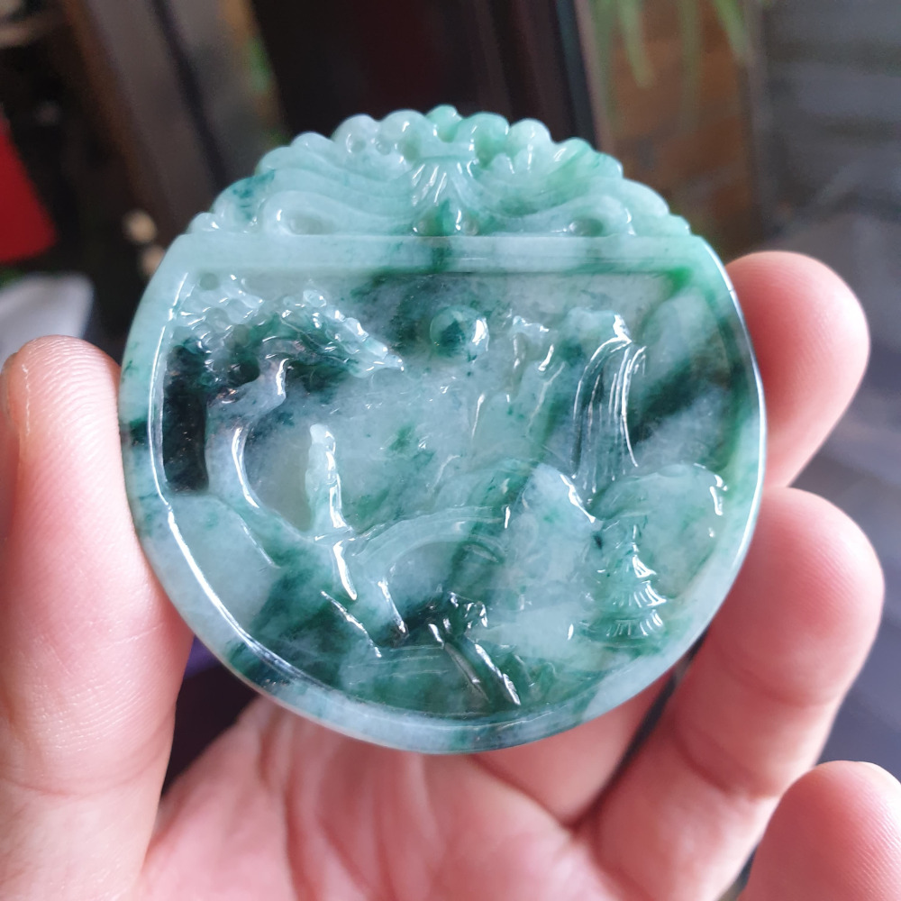 逸品軒~天然緬甸玉A貨-R1934-冰糯花青山水貴人墜子 長53.7mm寬54.4mm厚4.3mm 水頭好，顏色漂亮-細節圖5