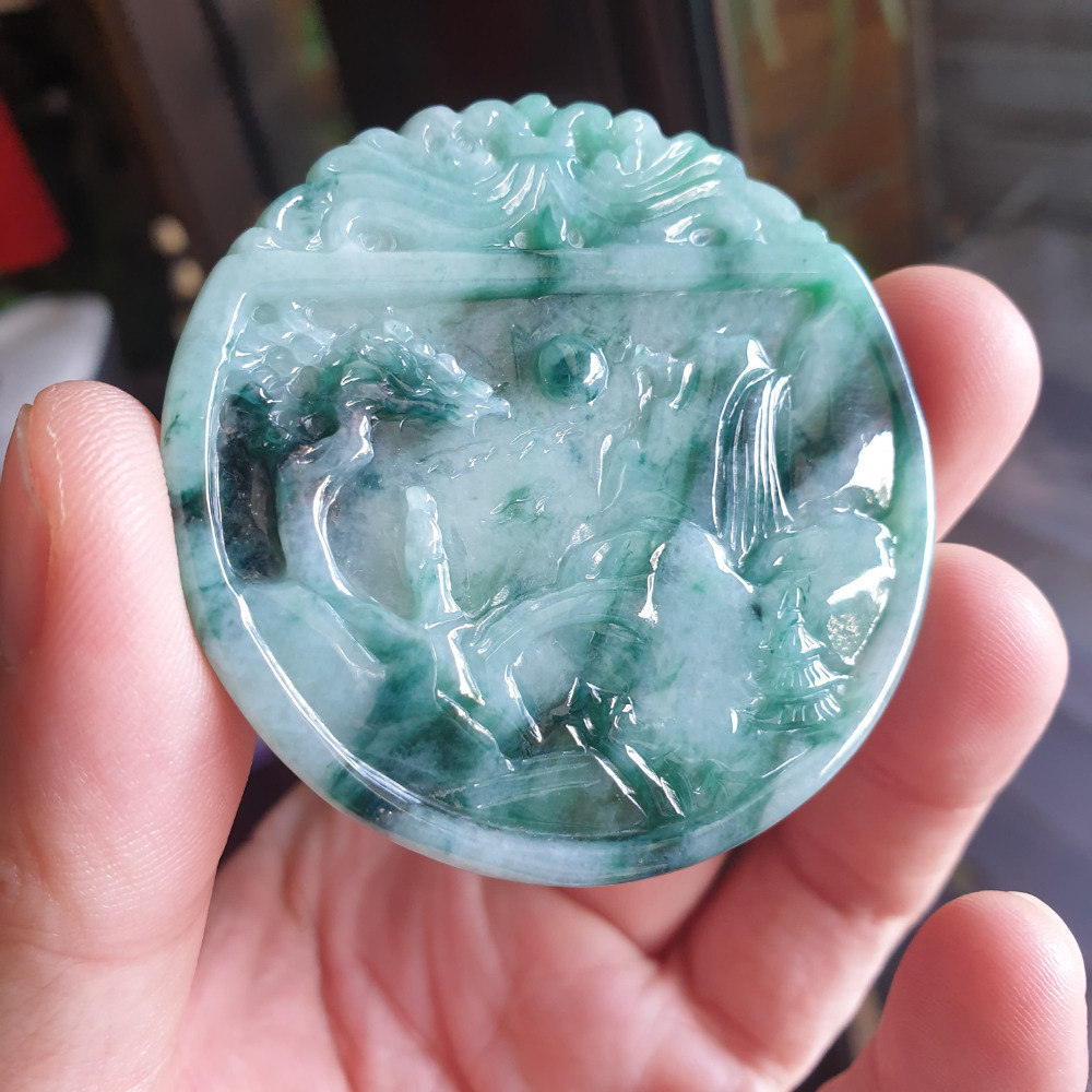 逸品軒~天然緬甸玉A貨-R1934-冰糯花青山水貴人墜子 長53.7mm寬54.4mm厚4.3mm 水頭好，顏色漂亮-細節圖6