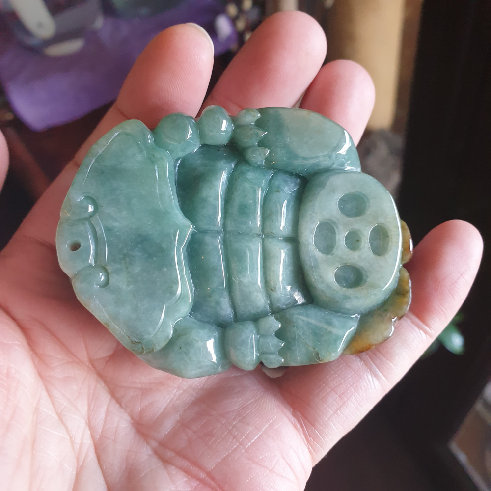 逸品軒~天然緬甸玉A貨-R1953-雙色龍龜擺件手把件 長73mm寬53mm厚29.2mm 顏色漂亮。 龍的九子之一-細節圖4