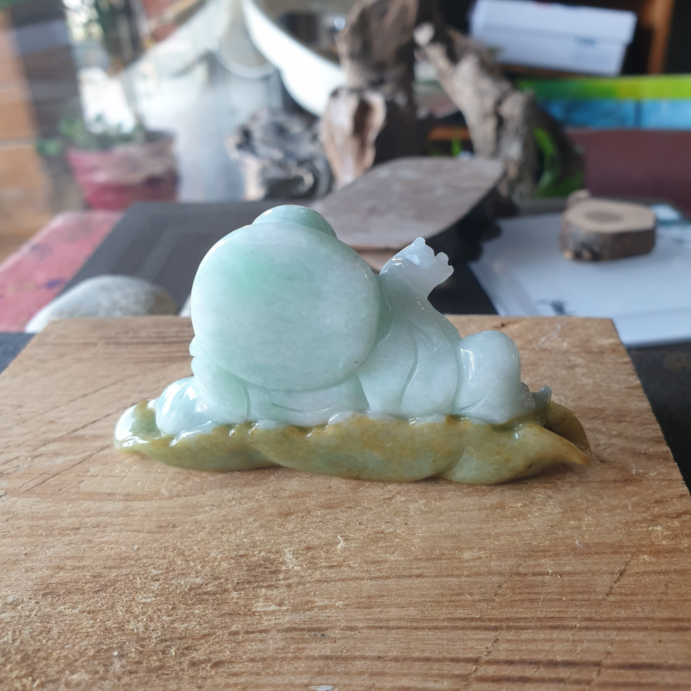 逸品軒~天然緬甸玉A貨-R1963-細糯黃翡立體彌勒佛擺件 高46.5mm寬83.2mm厚13.2mm 玉質細膩-細節圖2