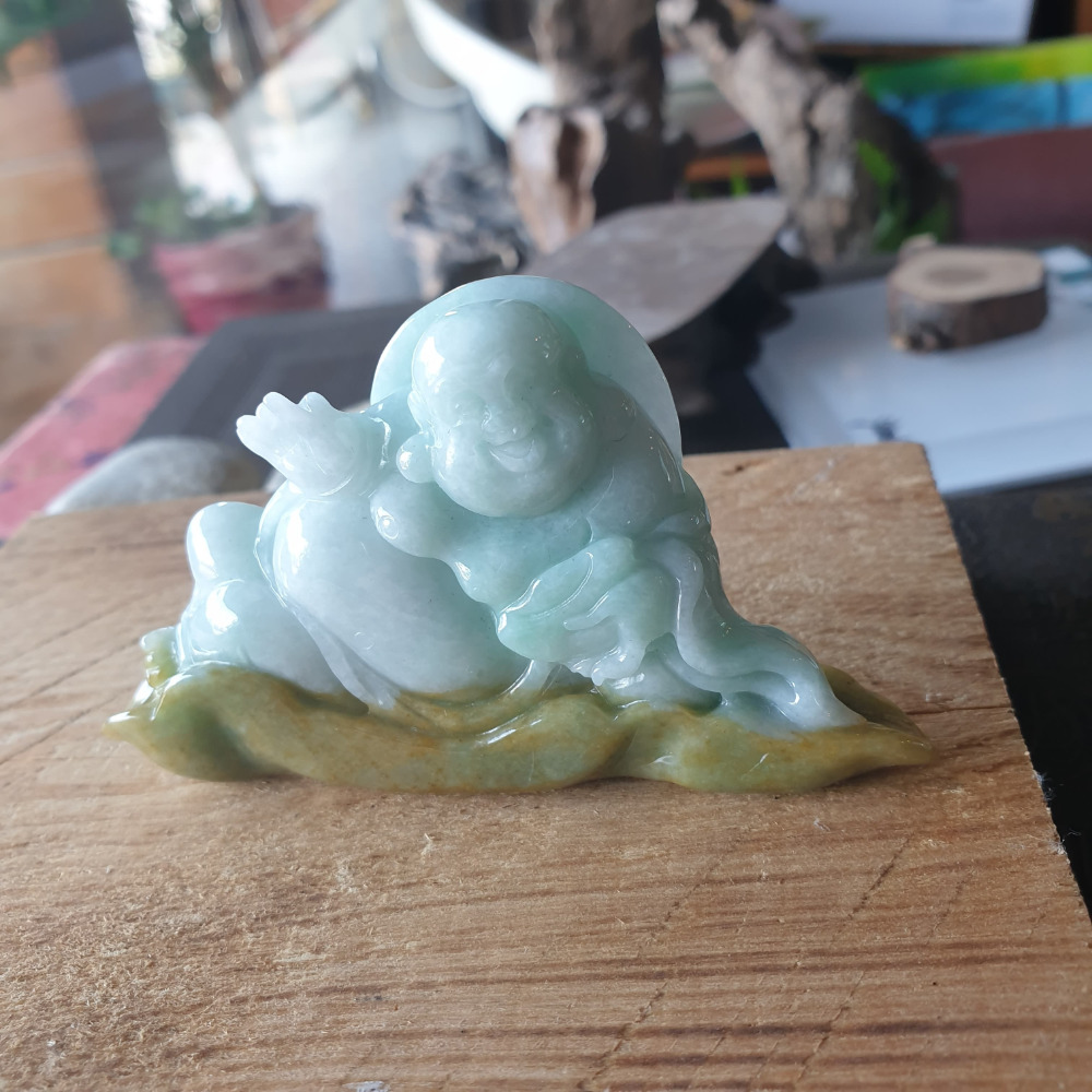 逸品軒~天然緬甸玉A貨-R1963-細糯黃翡立體彌勒佛擺件 高46.5mm寬83.2mm厚13.2mm 玉質細膩-細節圖4