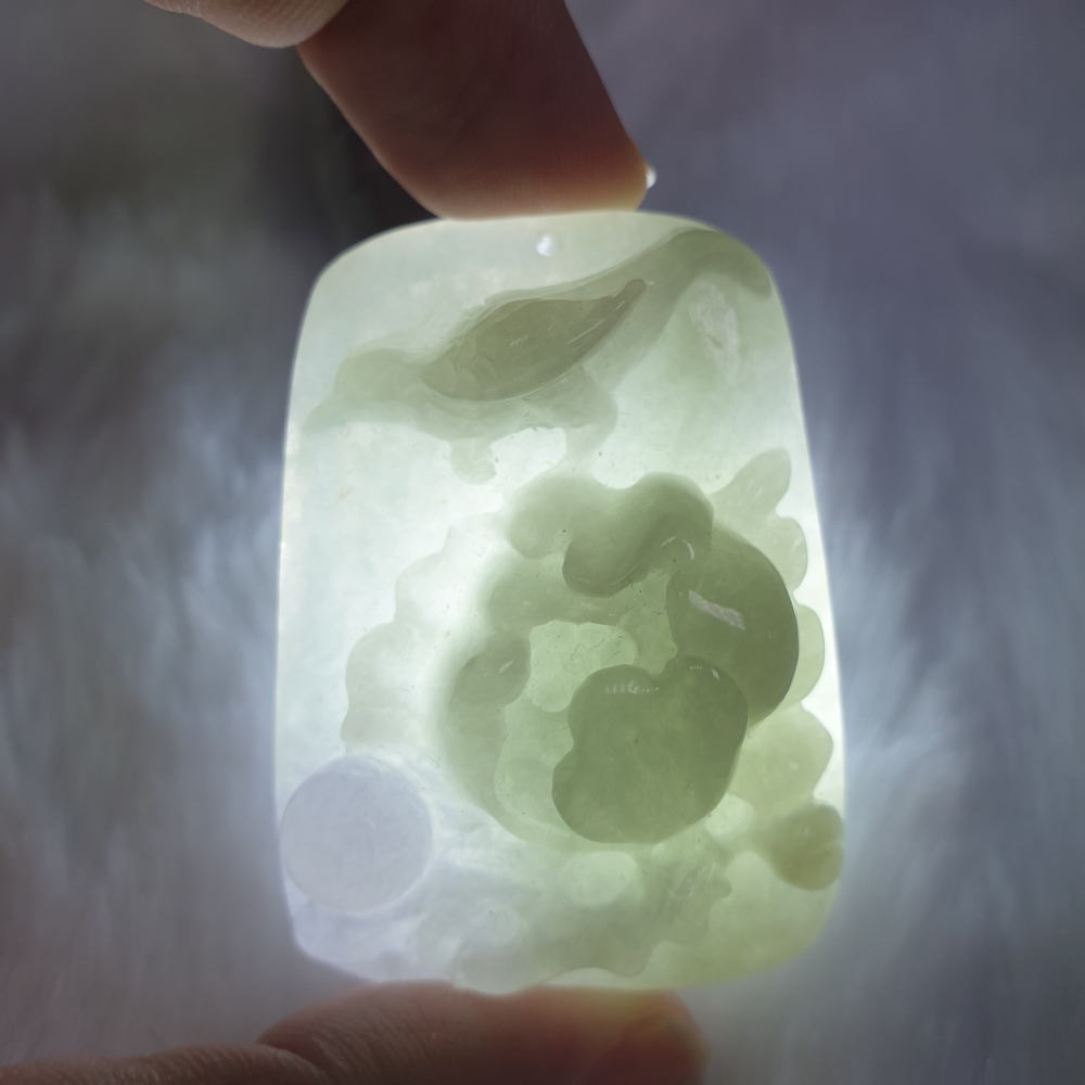 天然緬甸玉A貨-Z5979-冰細糯淡春彩鳥語花香墜子  長47.5mm寬34.6mm厚14.5mm 💰特價2500元-細節圖7