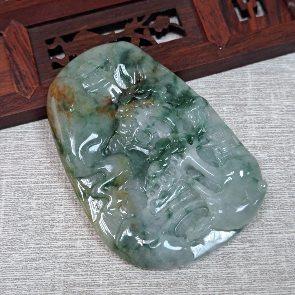 逸品軒～天然緬甸玉A貨-Z6155-紫底飄花帶灑金山水貴人墜子 長65.6mm寬45mm厚7.1mm 💰特價1680元-細節圖2