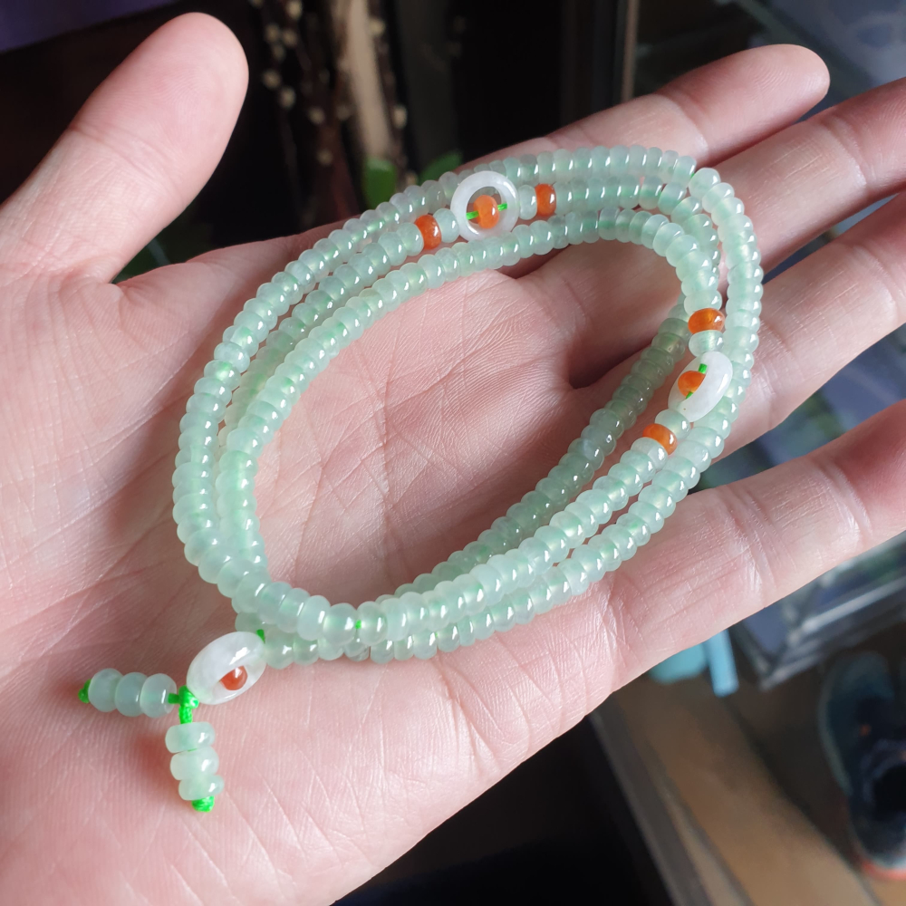 逸品軒～天然緬甸玉A貨-R2069-冰種晴水算盤珠鍊 珠寬5.1mm，繞三圈適合手腕17公分配戴。 有設計感，種水好，顏-細節圖2