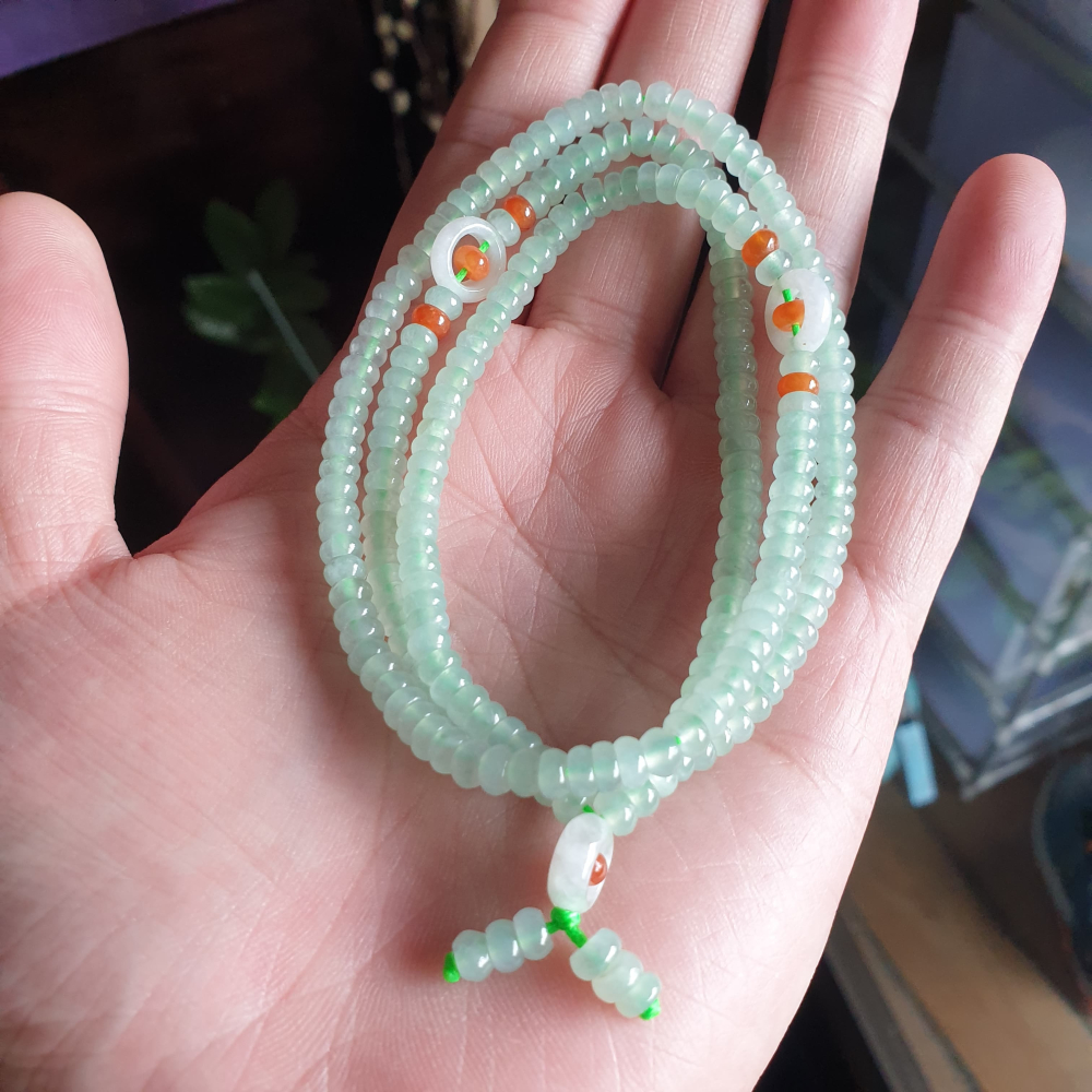 逸品軒～天然緬甸玉A貨-R2069-冰種晴水算盤珠鍊 珠寬5.1mm，繞三圈適合手腕17公分配戴。 有設計感，種水好，顏-細節圖3