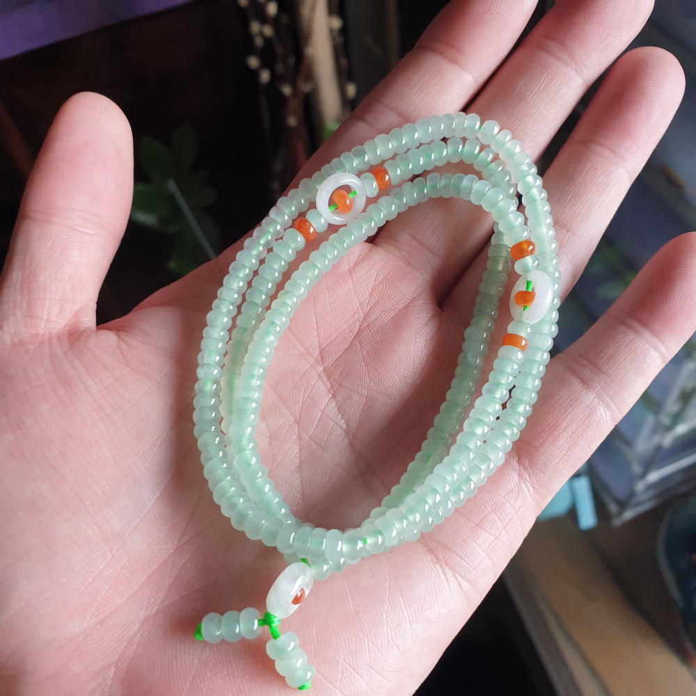 逸品軒～天然緬甸玉A貨-R2069-冰種晴水算盤珠鍊 珠寬5.1mm，繞三圈適合手腕17公分配戴。 有設計感，種水好，顏-細節圖4