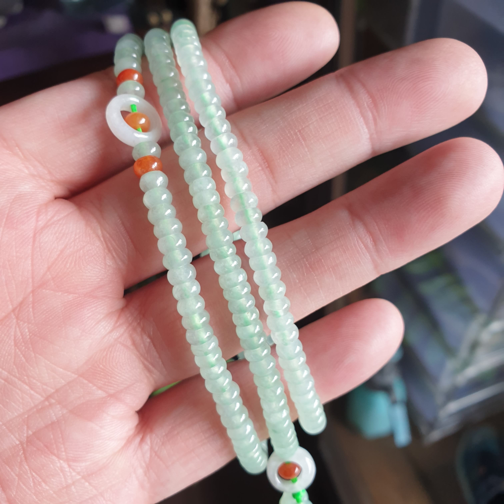 逸品軒～天然緬甸玉A貨-R2069-冰種晴水算盤珠鍊 珠寬5.1mm，繞三圈適合手腕17公分配戴。 有設計感，種水好，顏-細節圖5
