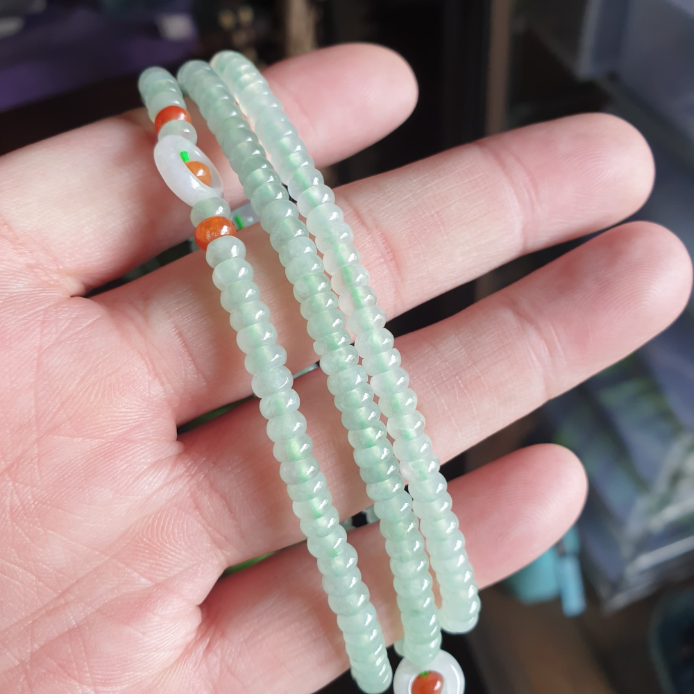 逸品軒～天然緬甸玉A貨-R2069-冰種晴水算盤珠鍊 珠寬5.1mm，繞三圈適合手腕17公分配戴。 有設計感，種水好，顏-細節圖6