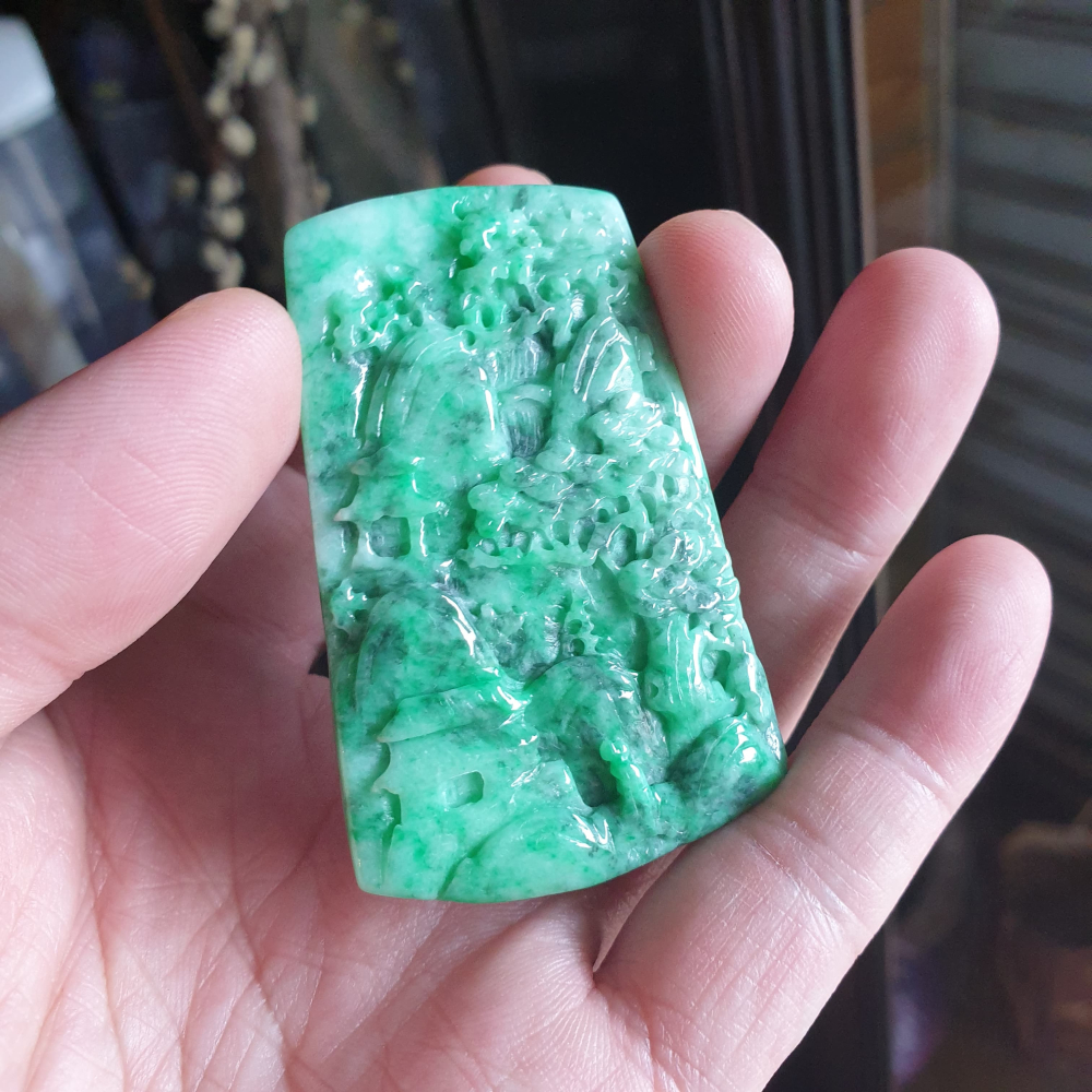 逸品軒~天然緬甸玉A貨-R2149-花青山水貴人墜子 長62.1mm寬40mm厚5.9mm 顏色滿色漂亮顯眼。有山有水-細節圖3