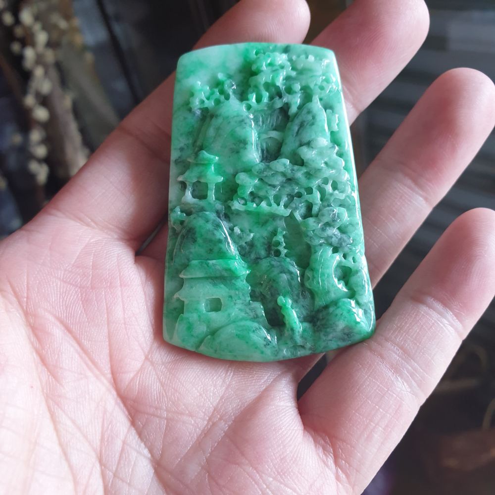 逸品軒~天然緬甸玉A貨-R2149-花青山水貴人墜子 長62.1mm寬40mm厚5.9mm 顏色滿色漂亮顯眼。有山有水-細節圖5