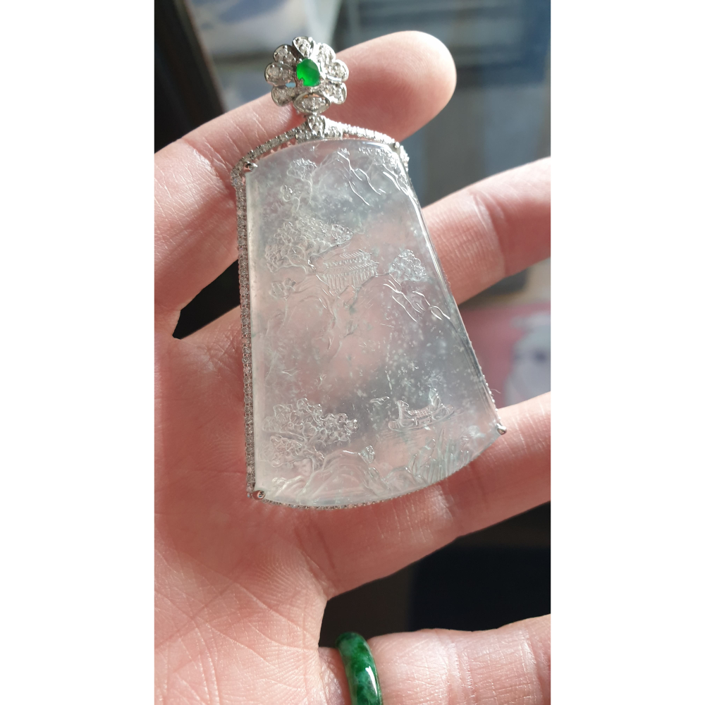 天然緬甸玉A貨-R2147-木拿玻璃種墜子(台灣證書) 主石:長51.9mm寬36.3mm厚5mm 含台:長70mm 寬-細節圖2