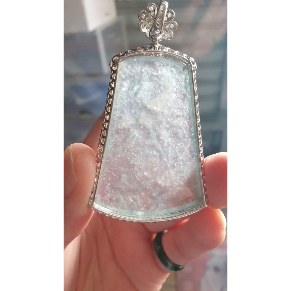 天然緬甸玉A貨-R2147-木拿玻璃種墜子(台灣證書) 主石:長51.9mm寬36.3mm厚5mm 含台:長70mm 寬-細節圖3