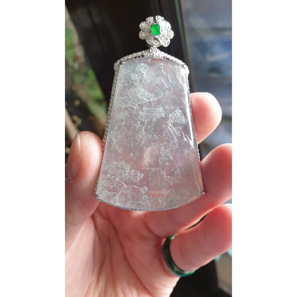 天然緬甸玉A貨-R2147-木拿玻璃種墜子(台灣證書) 主石:長51.9mm寬36.3mm厚5mm 含台:長70mm 寬-細節圖4