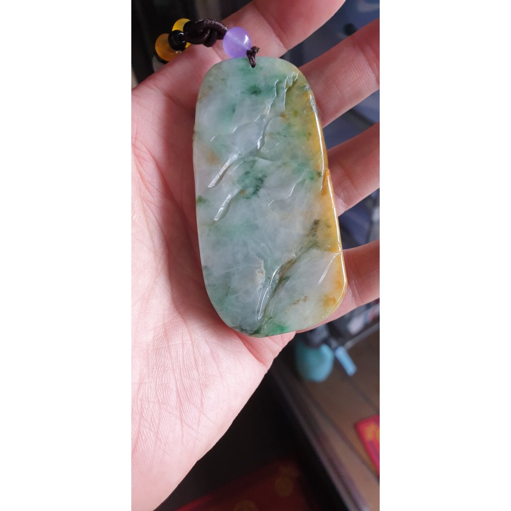 天然緬甸玉A貨-R2234-黃翡飄花山水貴人墜子 長78.4mm寬40.3mm厚16.5mm 糯種，顏色漂亮，巧色巧雕。-細節圖6