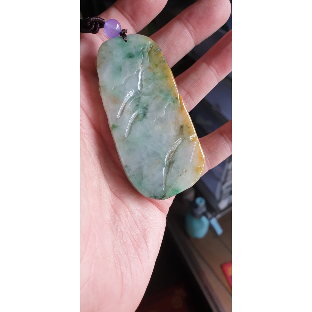 天然緬甸玉A貨-R2234-黃翡飄花山水貴人墜子 長78.4mm寬40.3mm厚16.5mm 糯種，顏色漂亮，巧色巧雕。-細節圖7