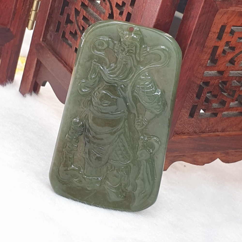 逸品軒～天然緬甸玉A貨-Z6340-冰糯油青關公墜子 長60.8mm寬34.9mm厚5mm-細節圖5