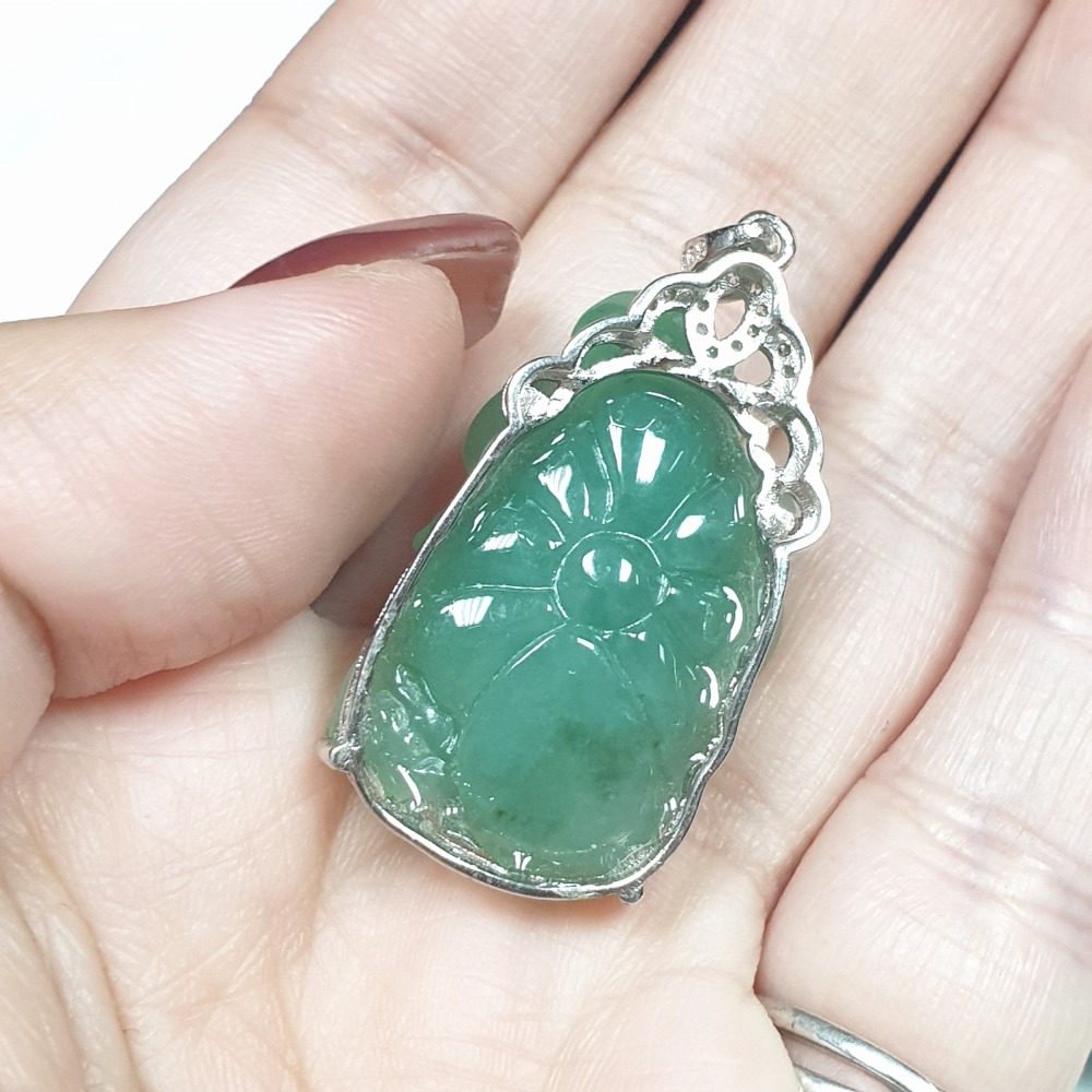 逸品軒～天然緬甸玉A貨-Z6824-細糯油青荷花墜子 長28.1mm寬17.7mm厚9.8mm(含戒檯） 寓意荷包滿滿-細節圖5