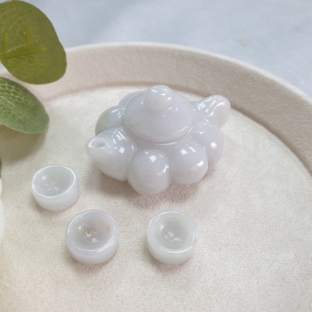 逸品軒～天然緬甸玉A貨-O0500細糯南瓜茶壺組擺件 茶壺長51.4mm寬40.4mm厚15.2mm-細節圖3