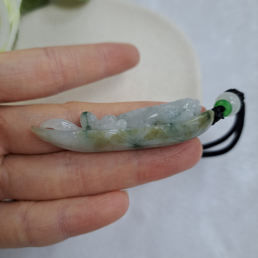 逸品軒～天然緬甸玉A貨-Z6988-飄花帶黃翡螭龍墜子 長57.0mm寬15.7mm厚13.0mm-細節圖7