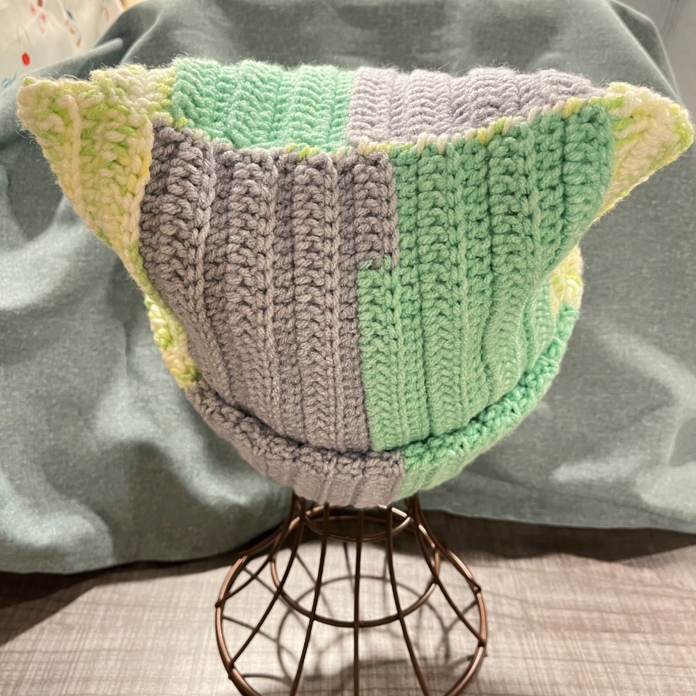 Jenny’s good life 手作毛線灰綠拼色撞色貓耳毛帽 貓耳帽-細節圖2