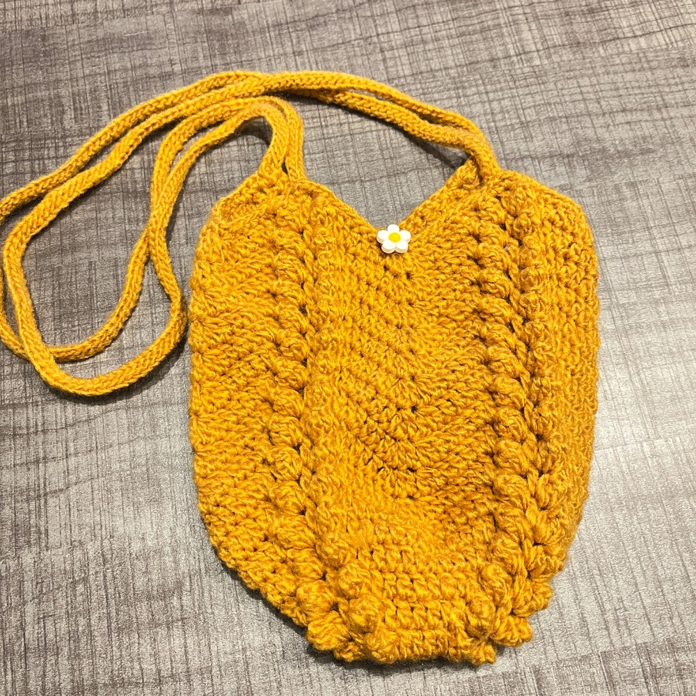 Jenny’s good life 手作毛線小花鈕扣與黃色麥穗單肩包 手作包包 毛線包包-細節圖3