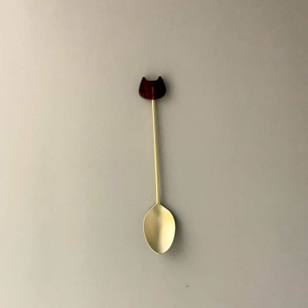 日本製貓咪造型湯匙 甜點湯匙 小湯匙 12.3公分 琥珀色 灰藍色 米白大理石紋-細節圖3