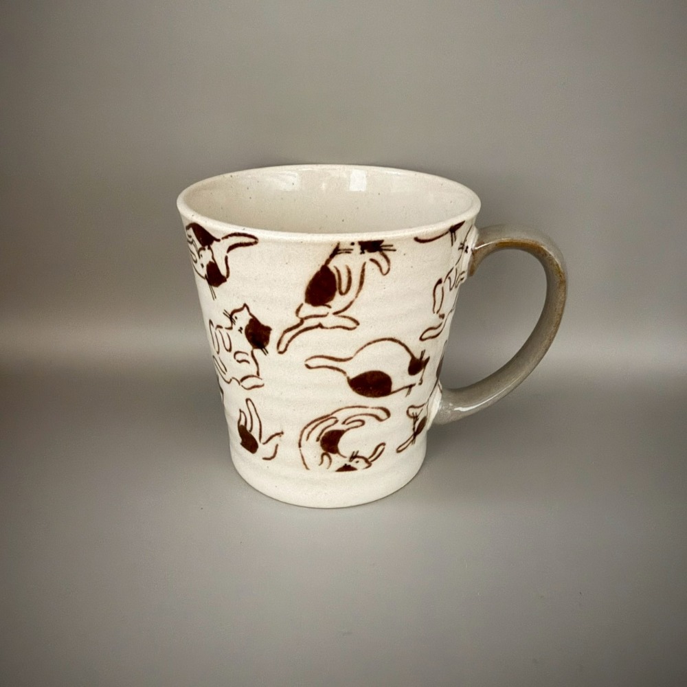 春子家HARUKOKE選品 日本製美濃燒簡約線條貓咪圖案馬克杯 杯子 水杯 茶杯 350ml 藍色 咖啡色-規格圖5
