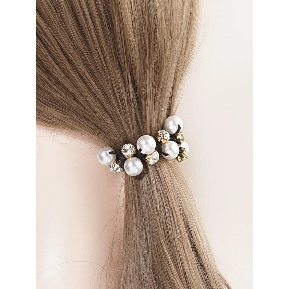 【粉紅泡泡】韓風 珍珠和水鑽裝飾髮圈 1入-細節圖2