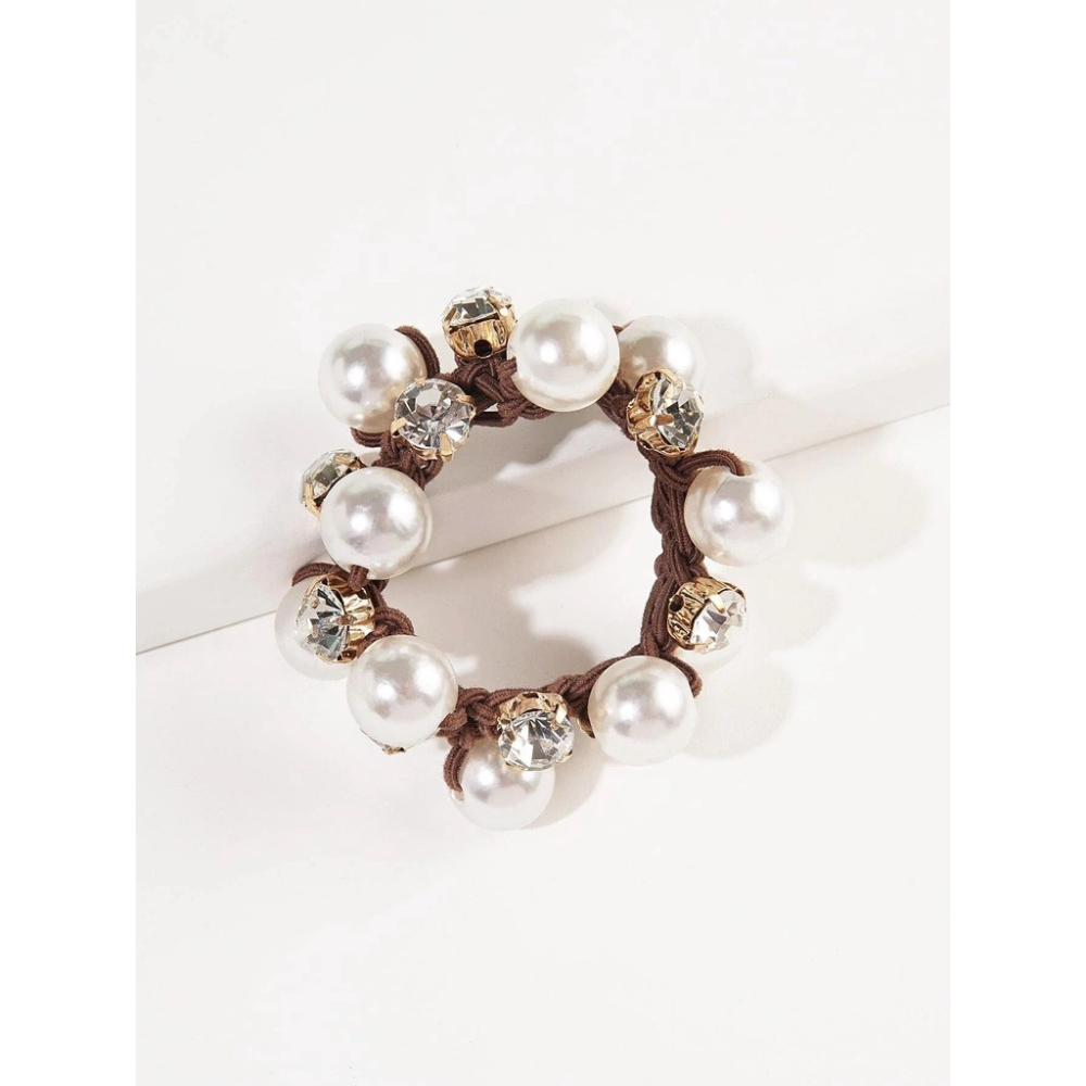 【粉紅泡泡】韓風 珍珠和水鑽裝飾髮圈 1入-細節圖4