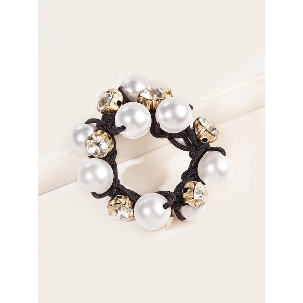【粉紅泡泡】韓風 珍珠和水鑽裝飾髮圈 1入-規格圖4