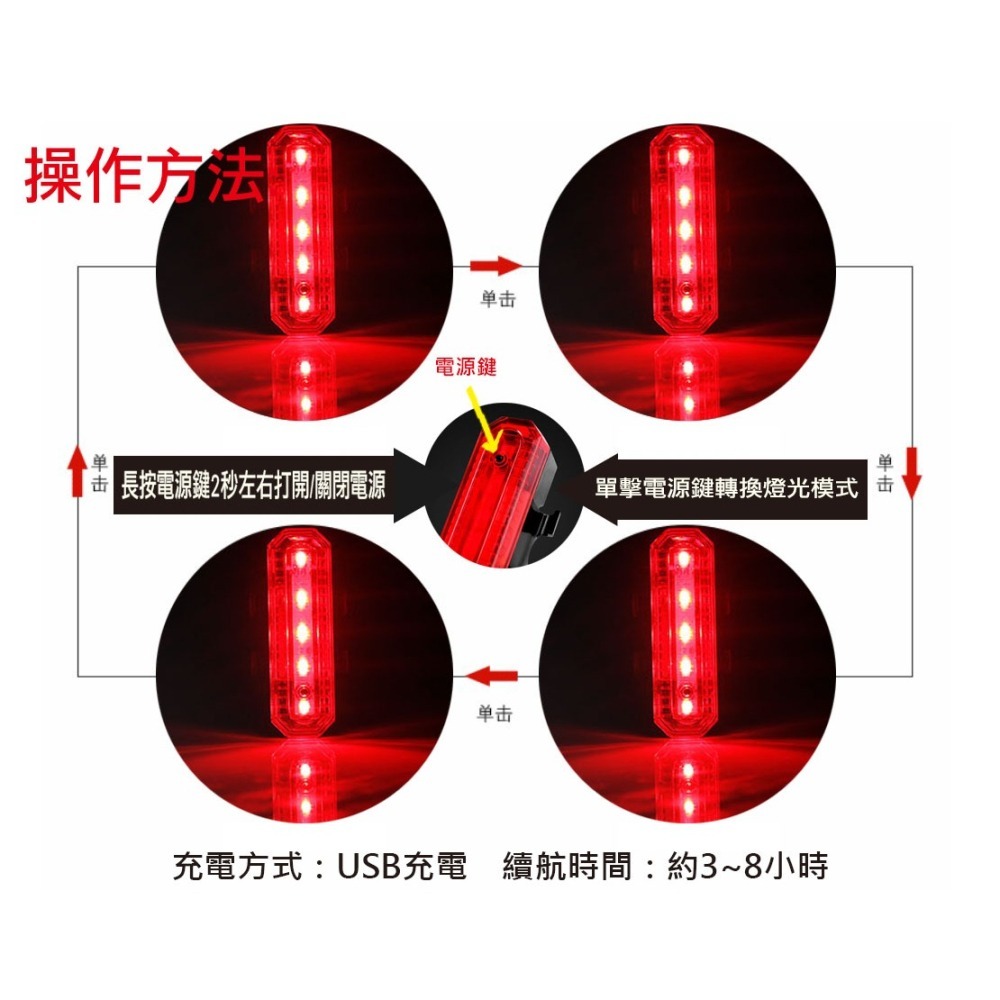 JH-818 五連星 4光色可選 USB充電式自行車燈 腳踏車LED燈 後燈 尾燈 前燈 警示燈-細節圖3
