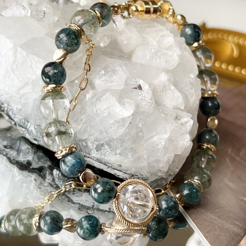 超美🫶🏻天然半盆綠幽靈+黑爆閃祖母海藍寶｜圈口17公分 固定不可修改-細節圖2