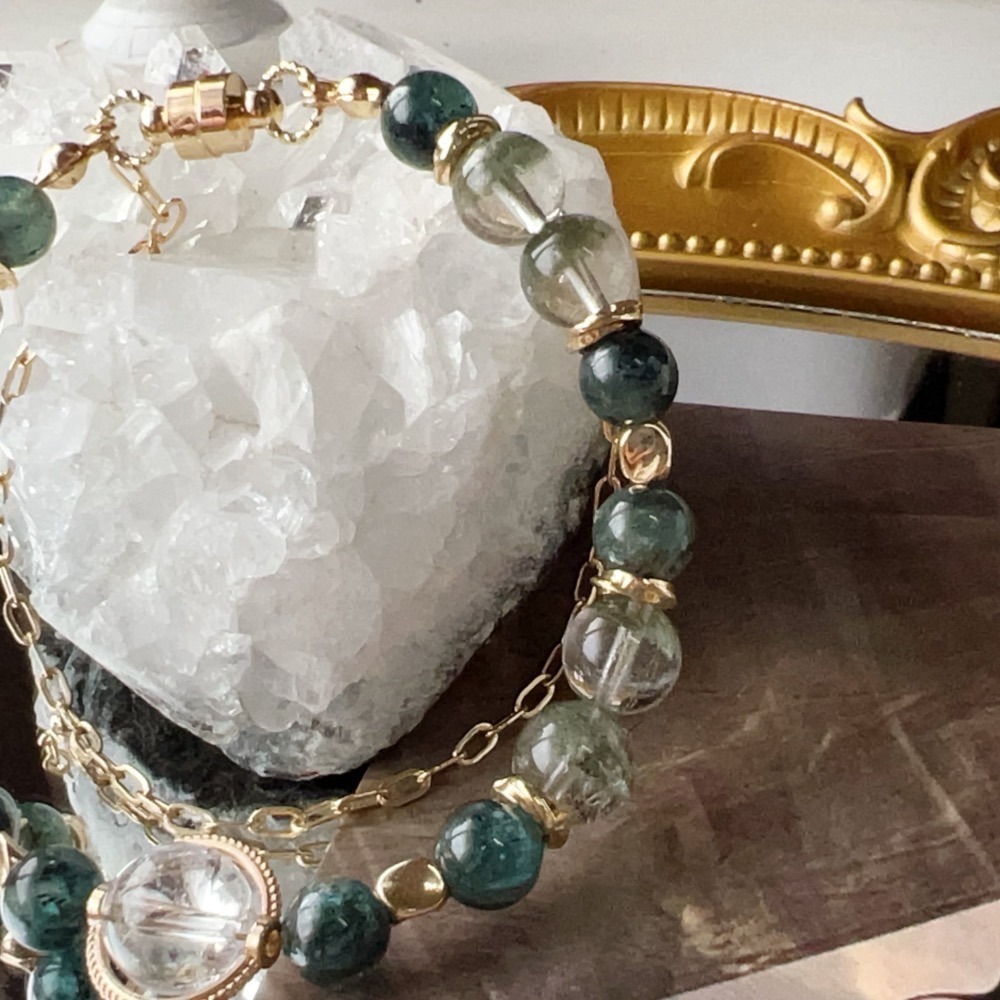 超美🫶🏻天然半盆綠幽靈+黑爆閃祖母海藍寶｜圈口17公分 固定不可修改-細節圖3