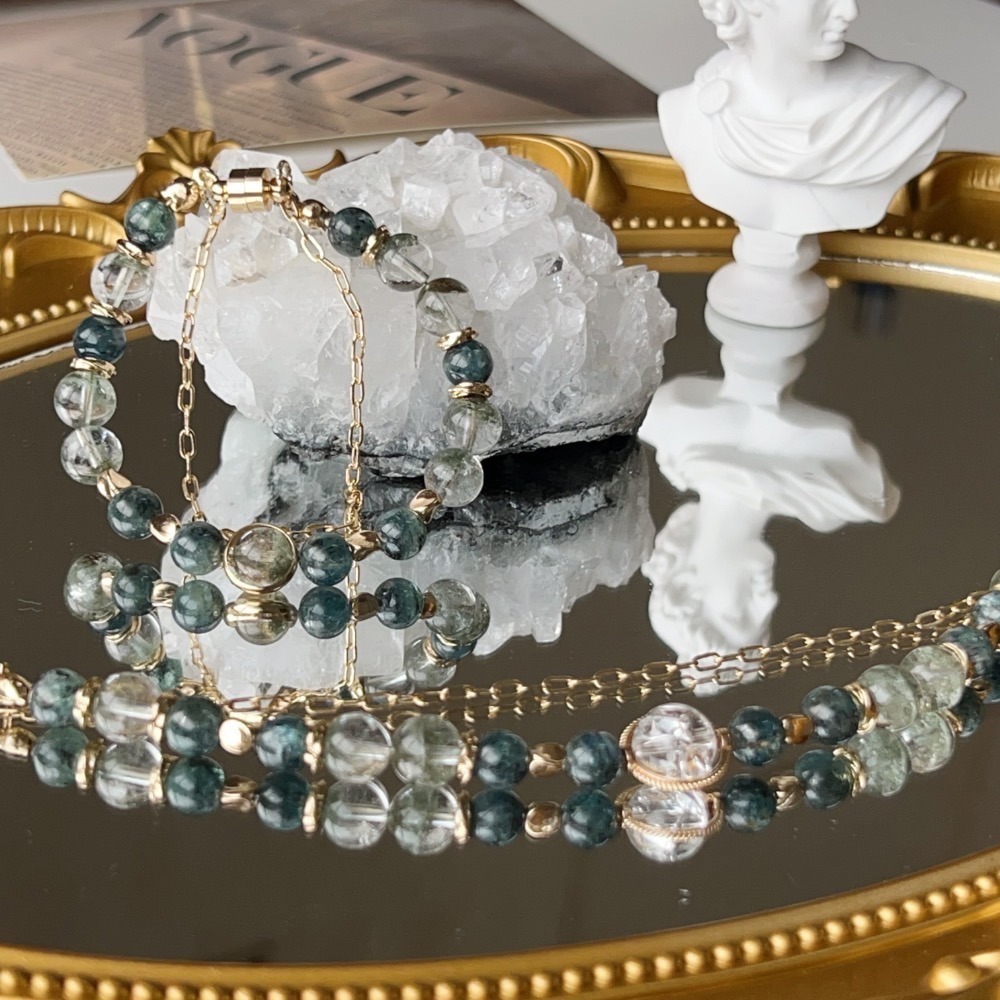 超美🫶🏻天然半盆綠幽靈+黑爆閃祖母海藍寶｜圈口17公分 固定不可修改-細節圖4