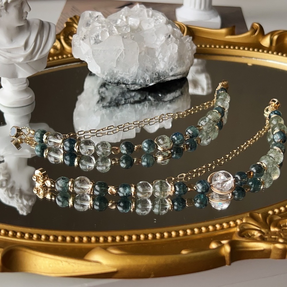 超美🫶🏻天然半盆綠幽靈+黑爆閃祖母海藍寶｜圈口17公分 固定不可修改-細節圖5