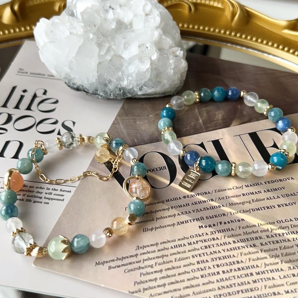 《青蕪》祖母綠藍晶、葡萄石、綠幽靈、白幽靈、橙月光、葡萄石、藍月光-細節圖3