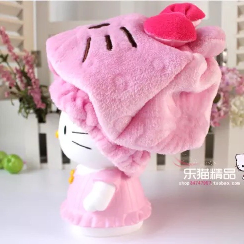 正品Hello Kitty凱蒂貓 帽子款 厚珊瑚絨吸水浴帽-細節圖2