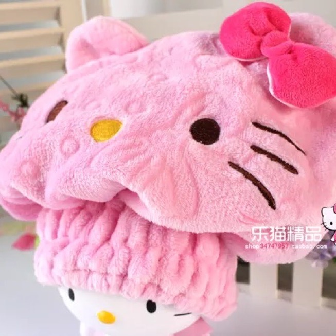 正品Hello Kitty凱蒂貓 帽子款 厚珊瑚絨吸水浴帽-細節圖4