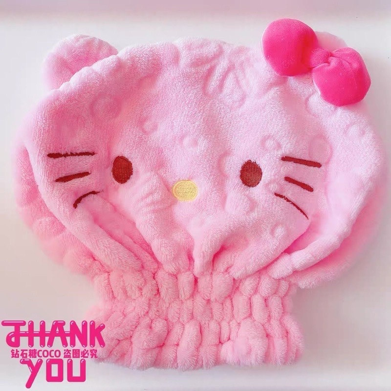 正品Hello Kitty凱蒂貓 帽子款 厚珊瑚絨吸水浴帽-細節圖5