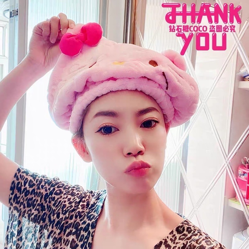 正品Hello Kitty凱蒂貓 帽子款 厚珊瑚絨吸水浴帽-細節圖7