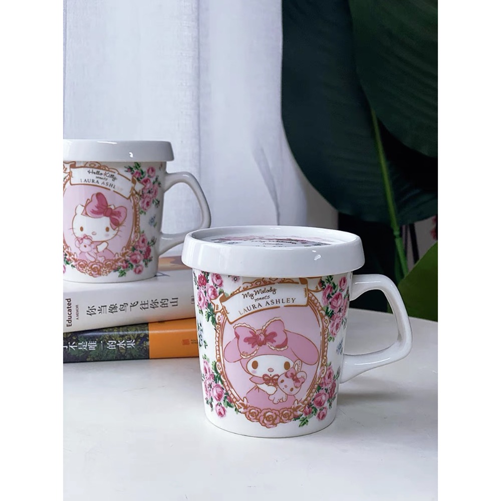 正品 hellokitty 美樂蒂 聯名限定 带蓋卡通陶瓷杯 馬克杯 咖啡杯（一個）-細節圖3