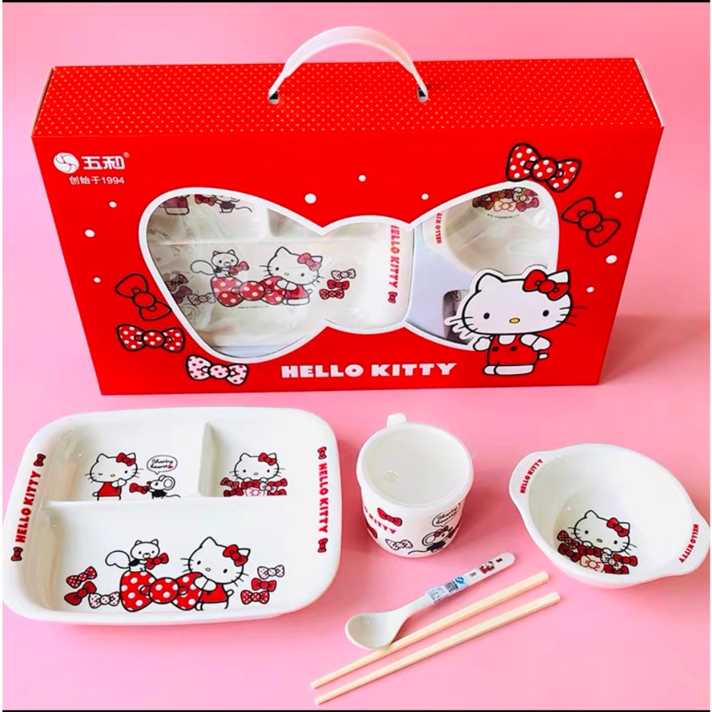 正品 套裝kitty大人餐具 兒童 寶寶餐盤 分格 喝水杯子勺子筷子碗盤 禮盒裝🎁-細節圖2